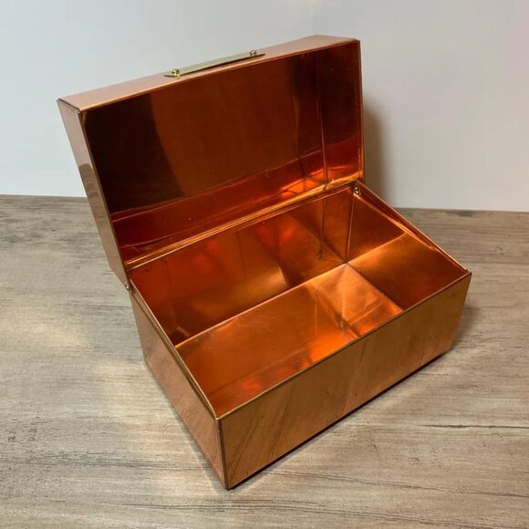 Vintage Copper Recipe Box & Brass Tag No Cards Farmhouse Kitchen Decor - Picture 8 of 9